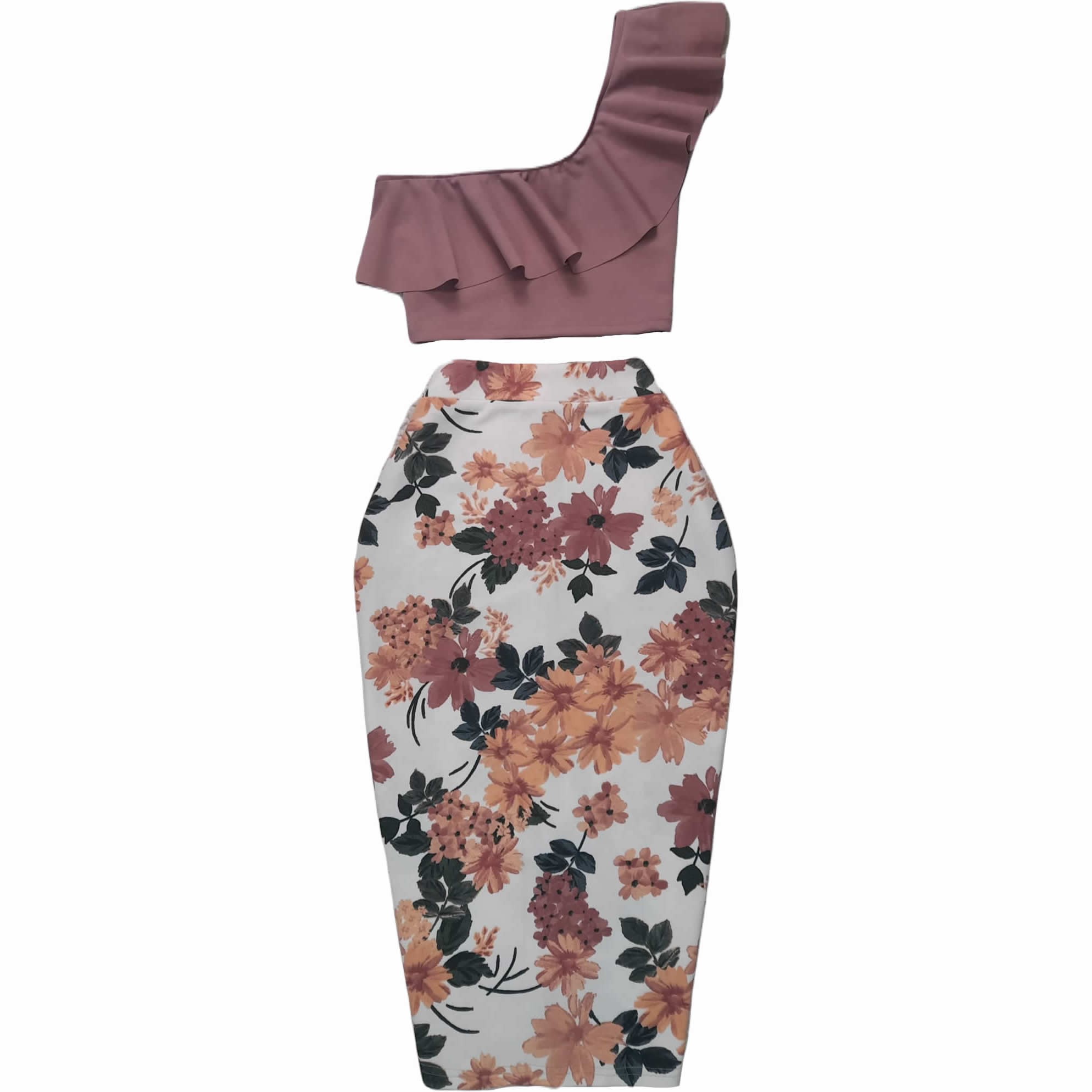 Asymmetric Ruffled Blouse And Floral Pencil Skirt Set